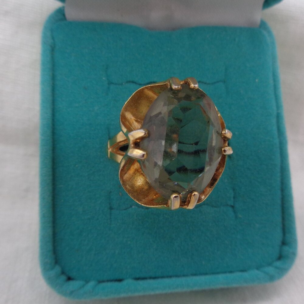 Vintage Vargas 18K HGE Faux Quartz Gray Glass Ring - sz. 9